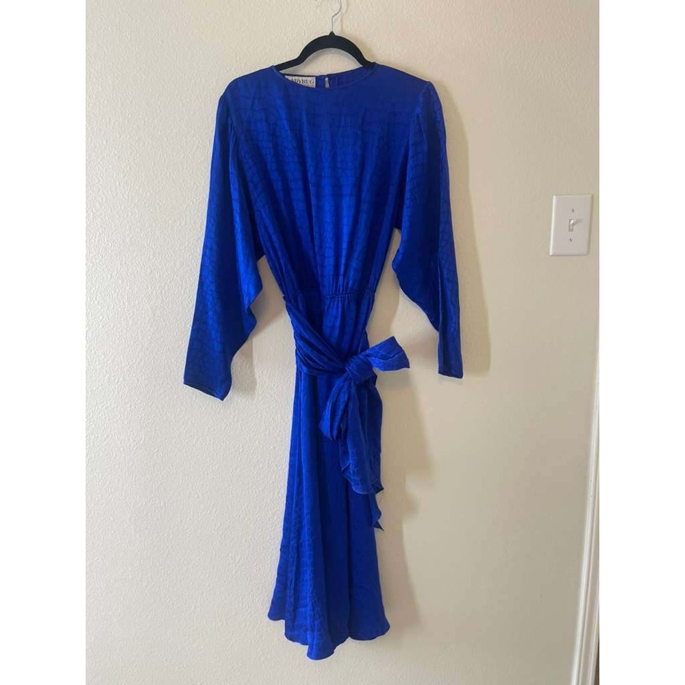 Ladybug Authentics Vintage 80s Royal Blue 100% Silk Jacquard Midi Dress Size 8